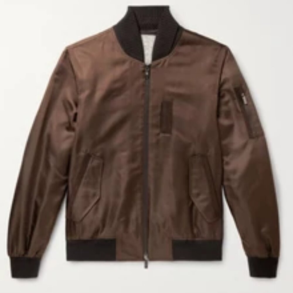 Ermenegildo Zegna Logo-embroidered Silk-satin Bomber Jacket In Brown size 52R EU